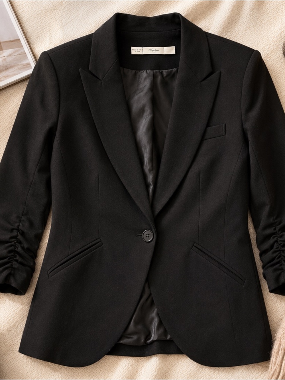 Hype Ruched Sleeve Black One-Button Blazer Women’s Size Small